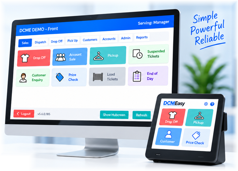 Illustration of DCMEasy POS on a desktop monitor and tablet, with blue navigation and colour-coded Drop Off, Account Sale and Pickup controls.